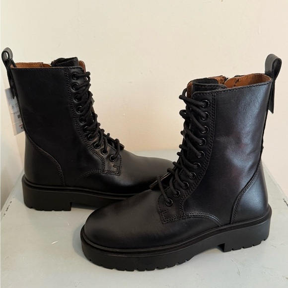 NWT Zara Black Leather Lace-Up Combat Ankle Punk Moto Boots Shoes Size 35 l US 5 - Picture 2 of 8